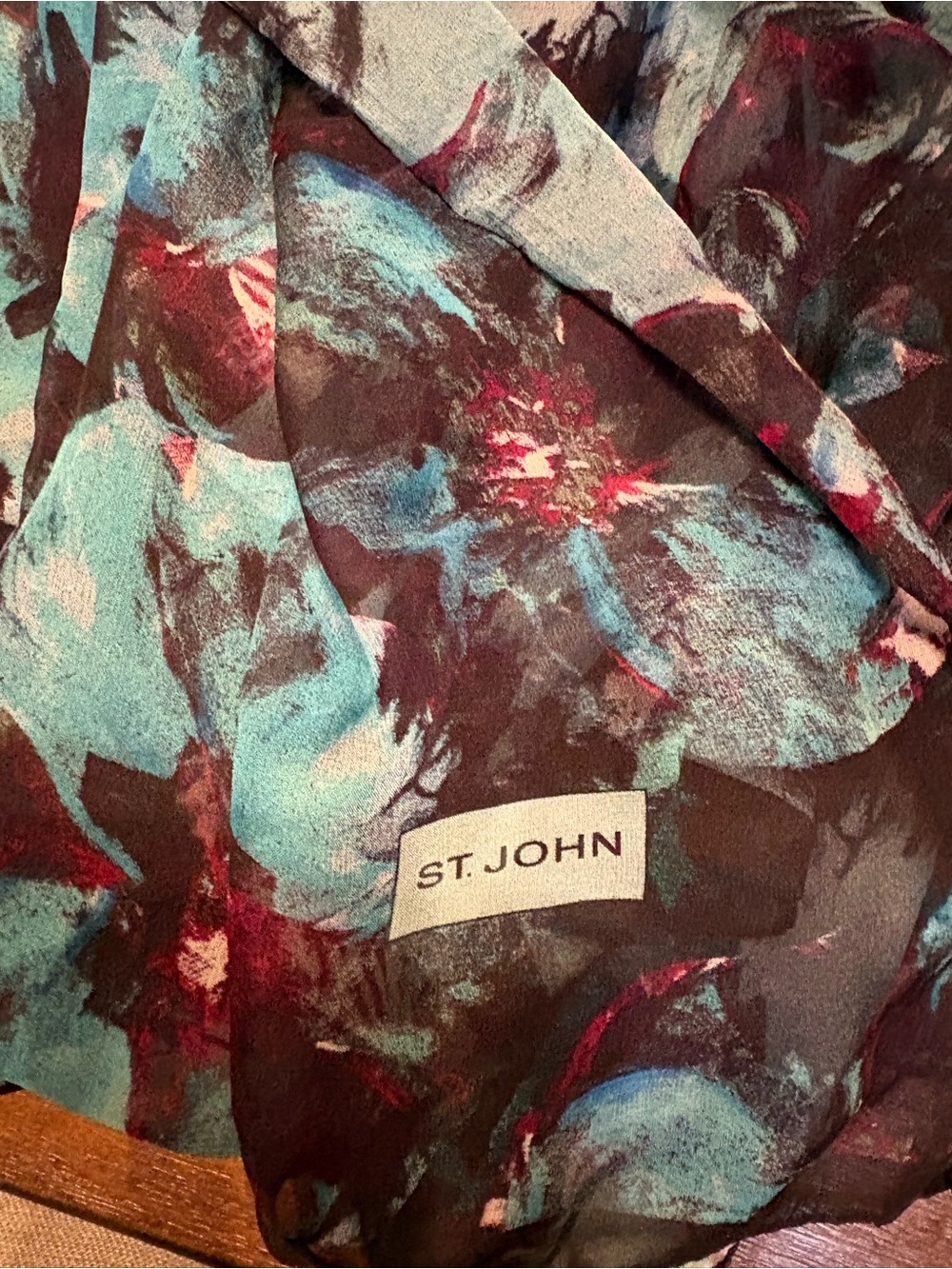 St. John Brown Scarf with Teal and Burgundy Floral Print